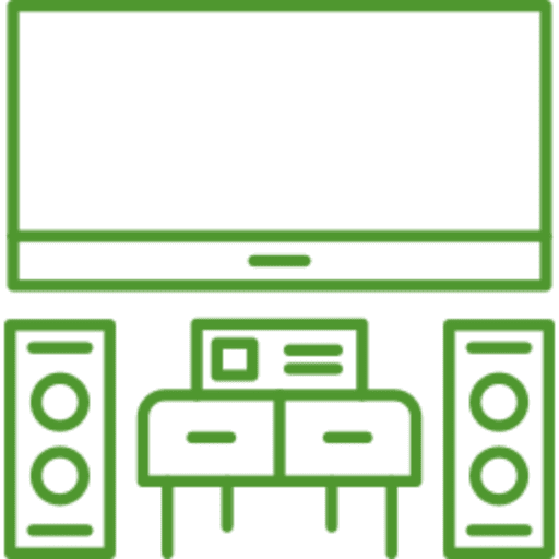 Home theater setup with TV and speakers.