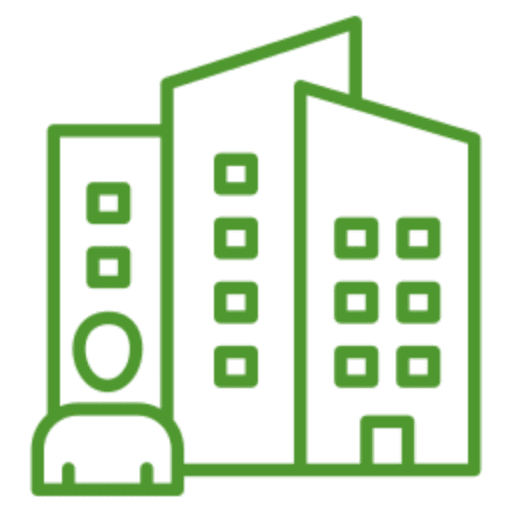 Green outline of person and buildings.